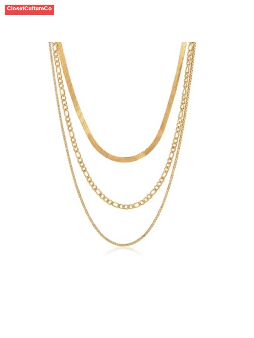14K Gold Plated Layered Necklace Set Herringbone Figaro Box Chains